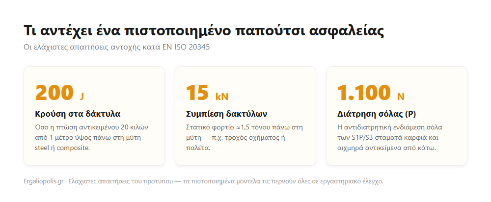 Infographic: τι αντέχει πιστοποιημένο παπούτσι ασφαλείας — κρούση 200 Joule, συμπίεση 15 kN, διάτρηση σόλας 1100 Newton